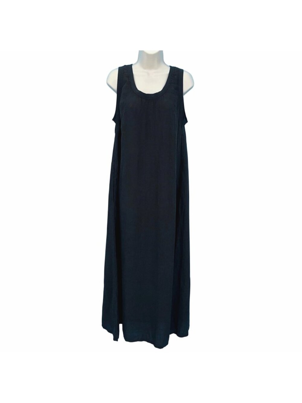NWOT Flax Womens Black Sleeveless Maxi Dress 100% Linen Knit Trim Pockets S